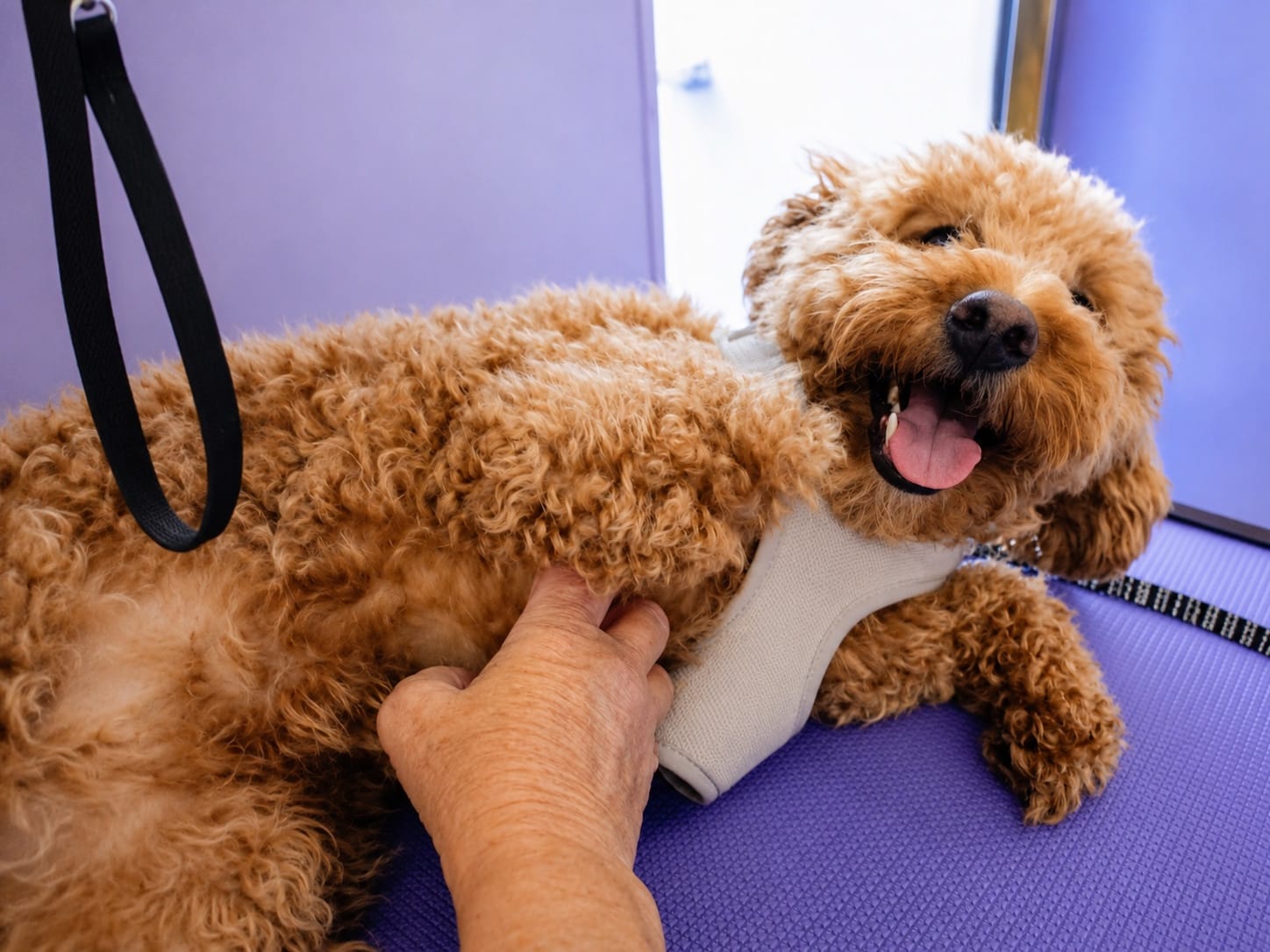 A happy cockapoo being gently groomed on the table