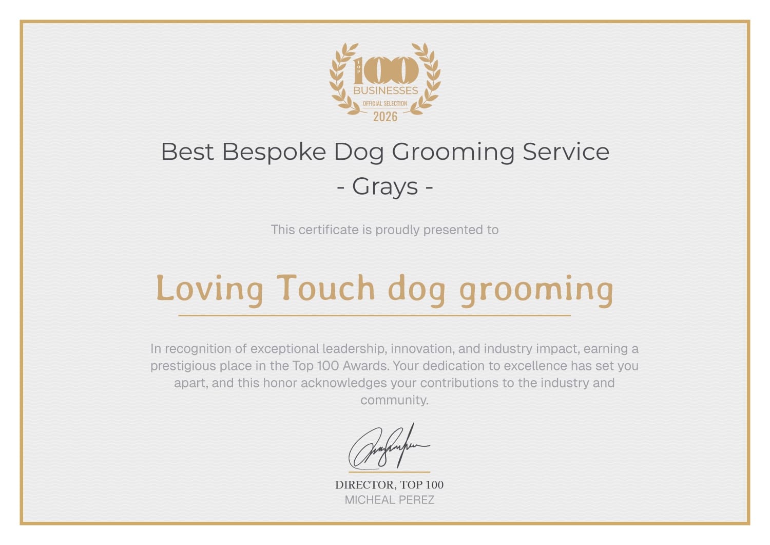 Top 100 Pet and Animal Care Awards 2026 certificate: Best Bespoke Dog Grooming Service, Grays, presented to Loving Touch Dog Grooming