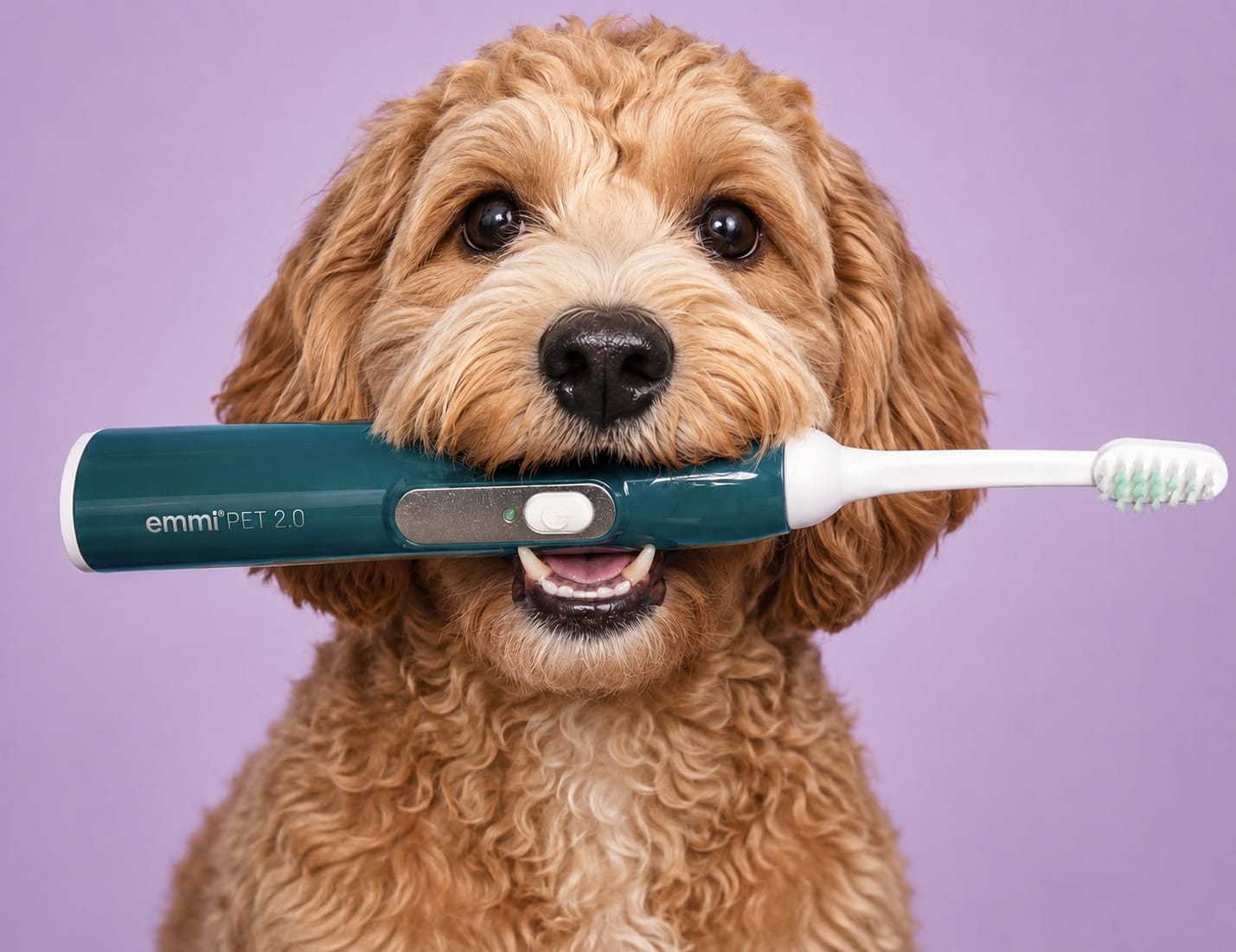 A dog holding an emmi-pet ultrasonic toothbrush, used for gentle dental cleaning