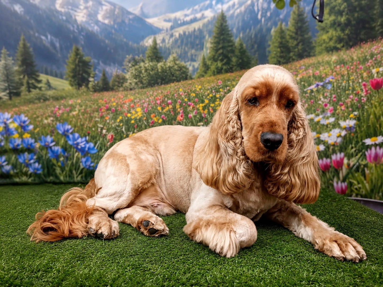 A beautifully groomed golden cocker spaniel