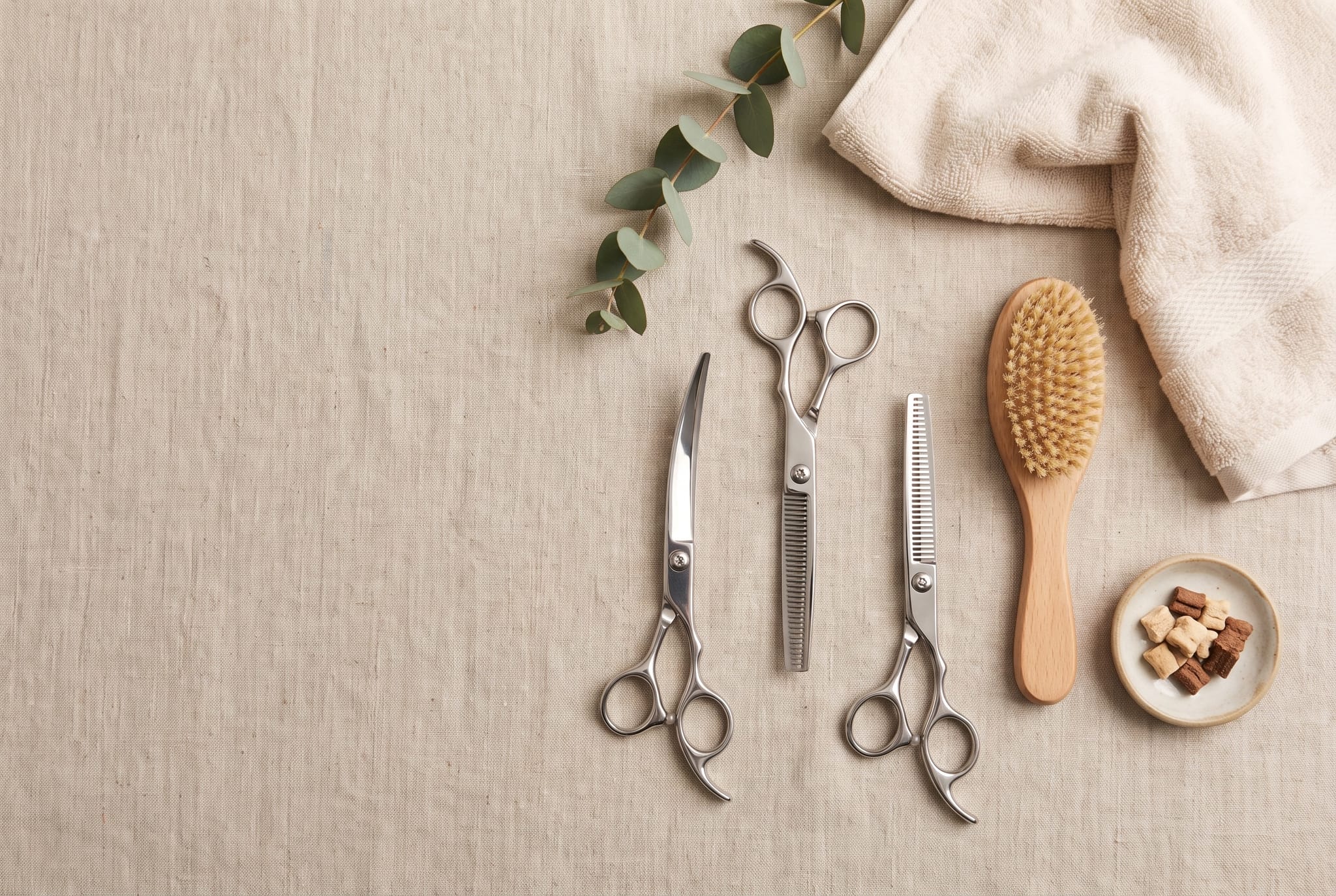 Grooming tools laid out neatly on linen